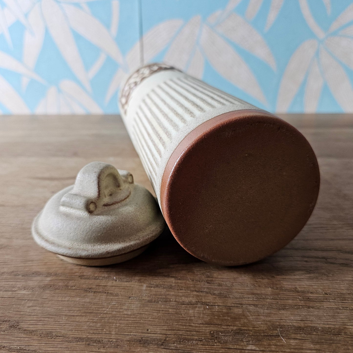 1970s tall rustic stoneware Pasta storage jar with lid