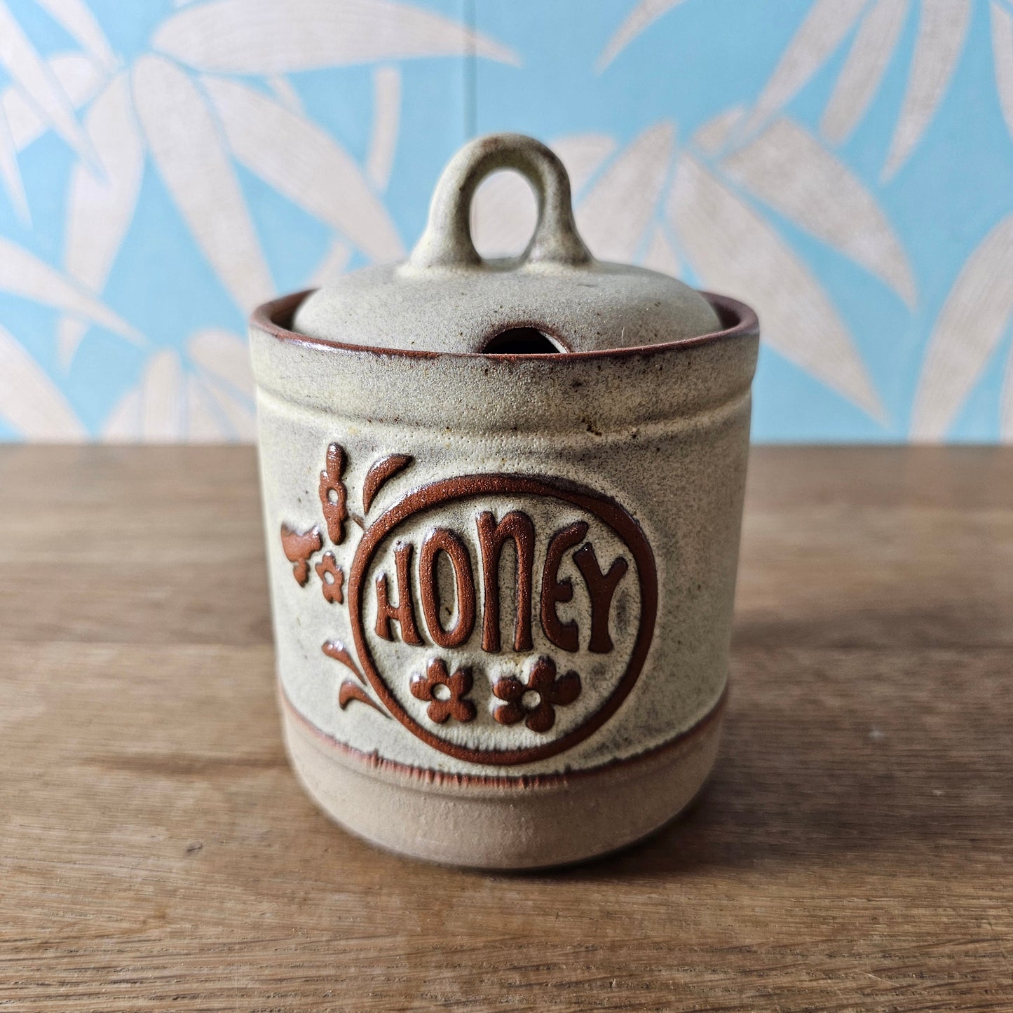 1970s rustic stoneware honey pot with lid