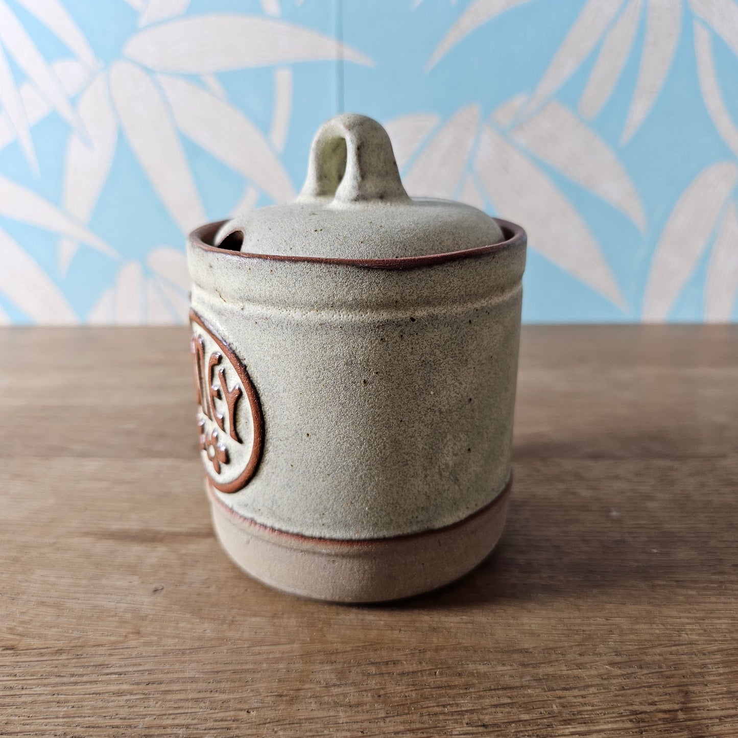 1970s rustic stoneware honey pot with lid