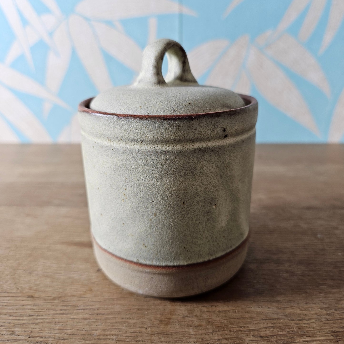 1970s rustic stoneware honey pot with lid