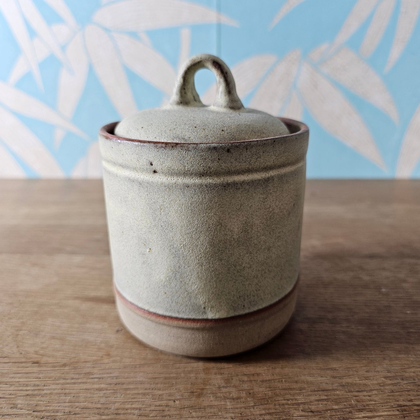 1970s rustic stoneware honey pot with lid