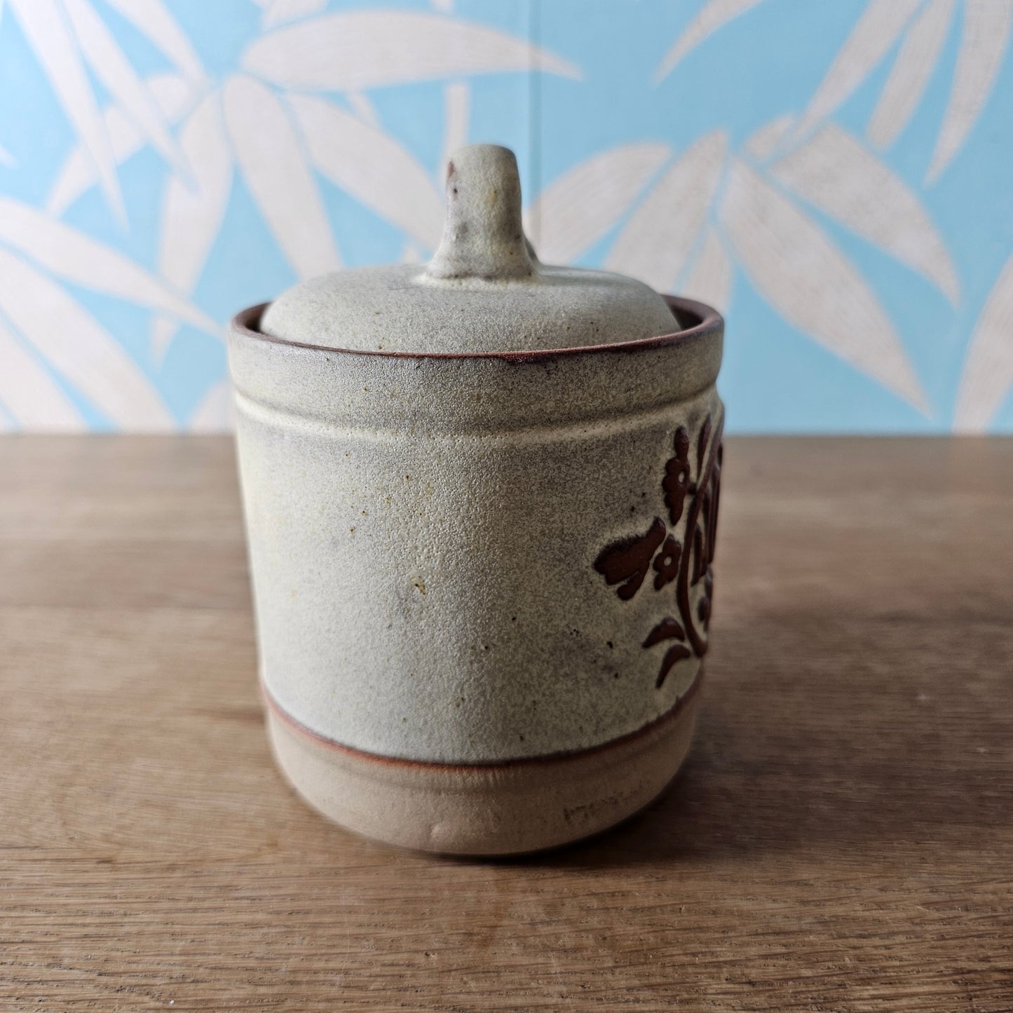 1970s rustic stoneware honey pot with lid