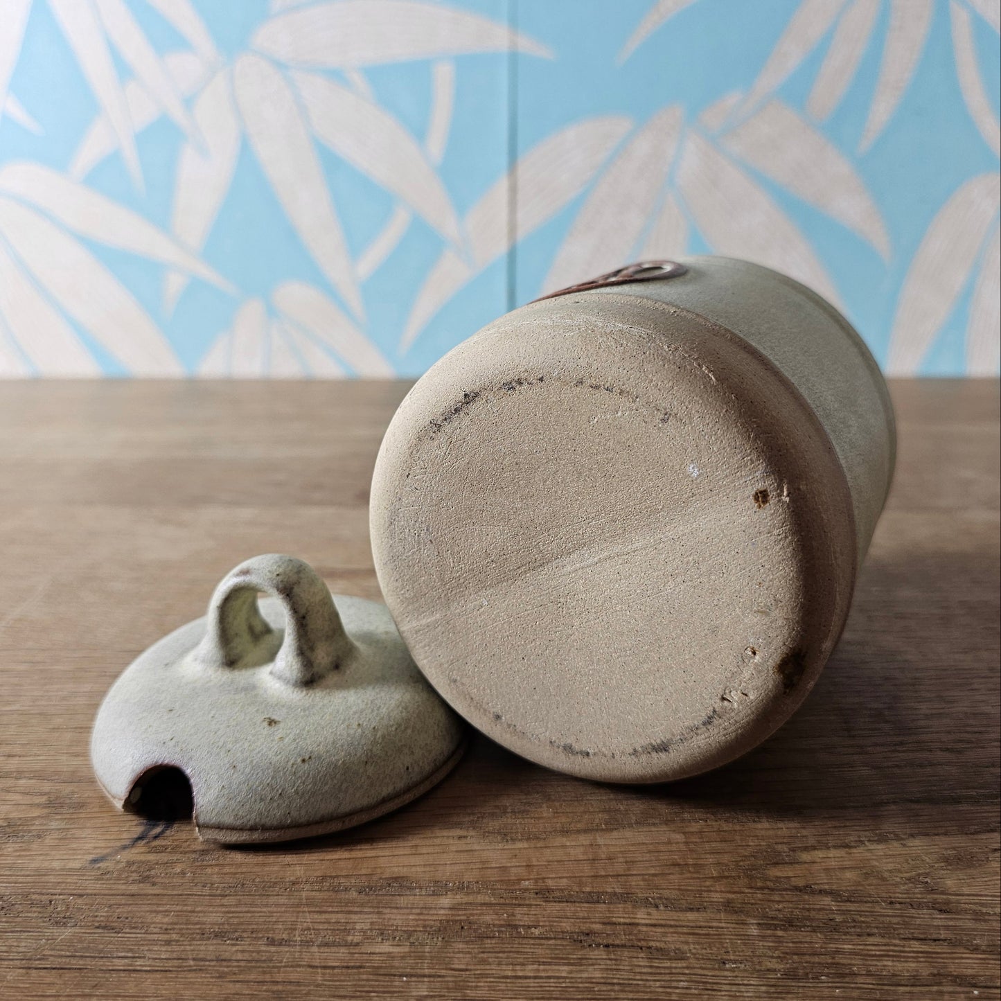 1970s rustic stoneware honey pot with lid