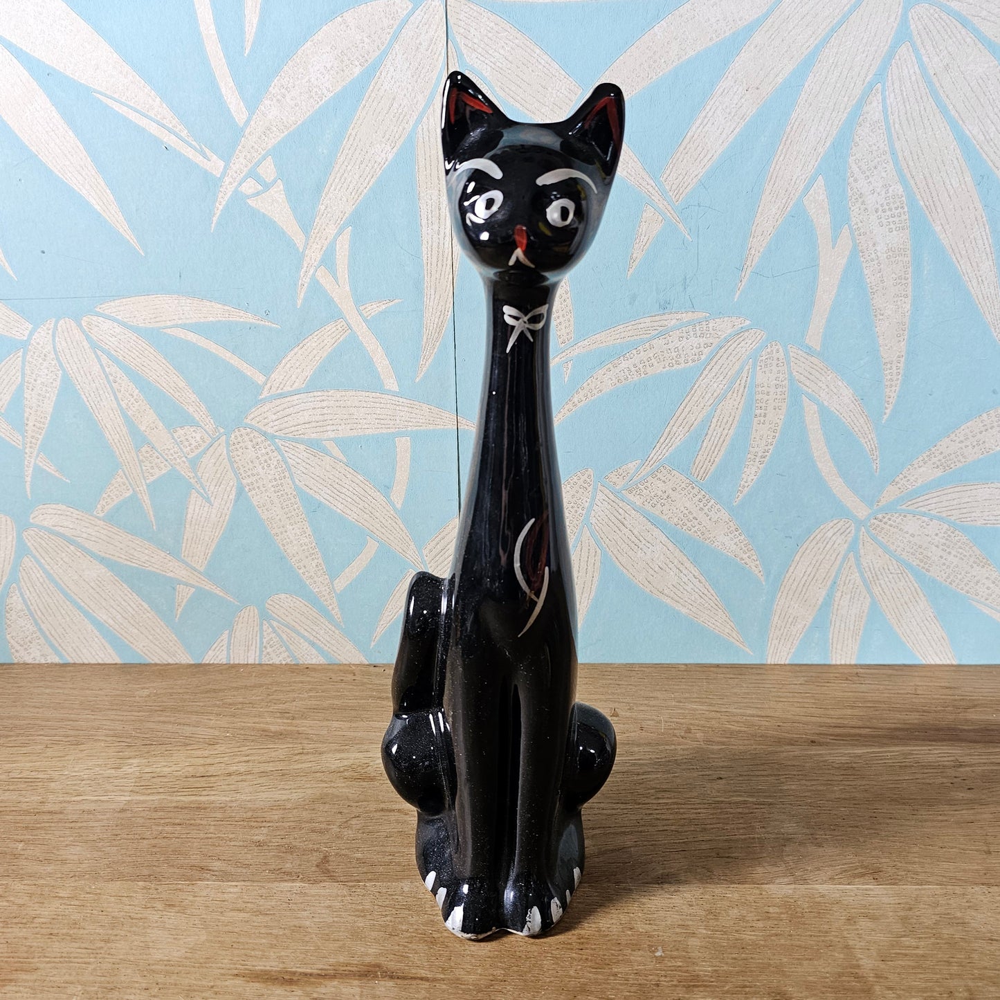 Mid-century black hand-painted ceramic long neck cat vase