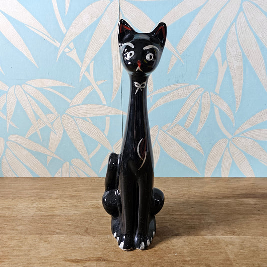 Mid-century black hand-painted ceramic long neck cat vase