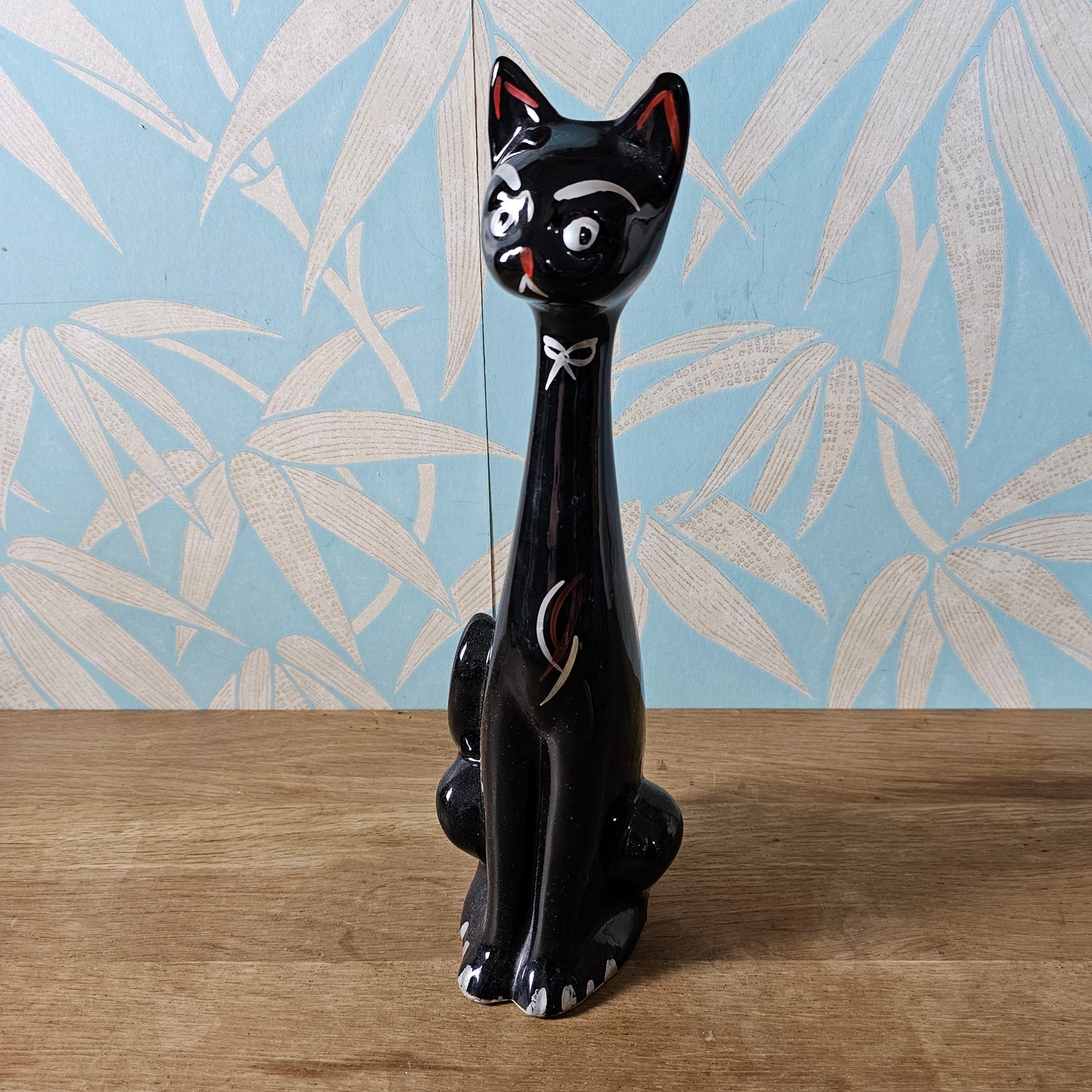 Mid-century black hand-painted ceramic long neck cat vase