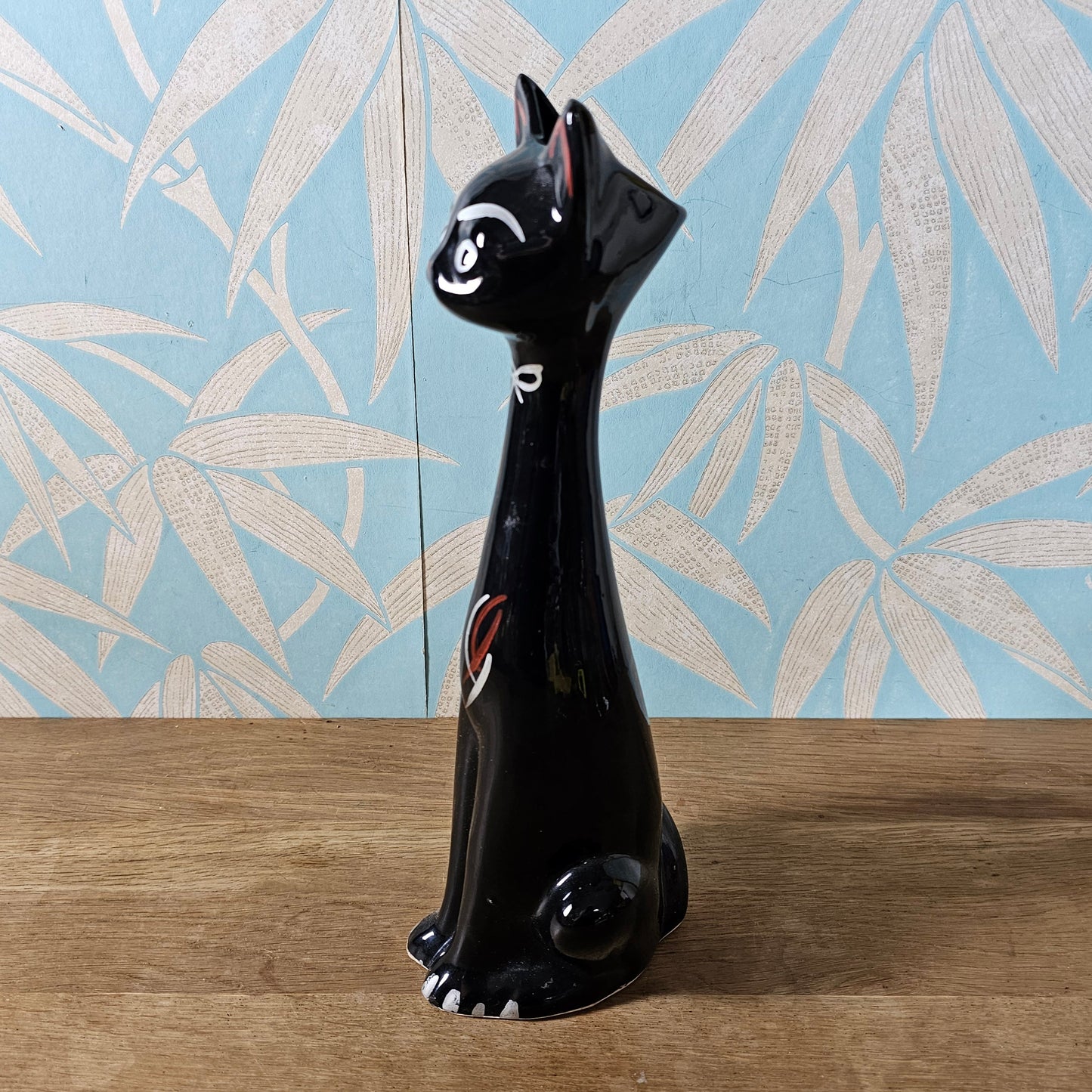 Mid-century black hand-painted ceramic long neck cat vase