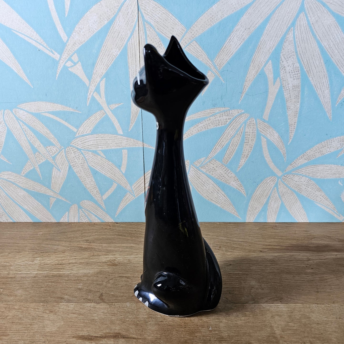 Mid-century black hand-painted ceramic long neck cat vase