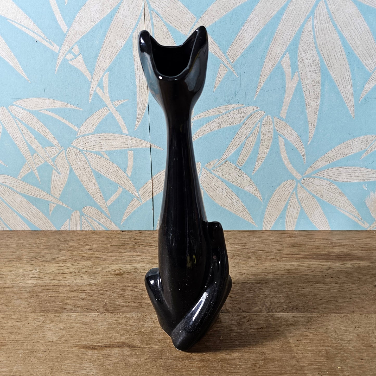 Mid-century black hand-painted ceramic long neck cat vase