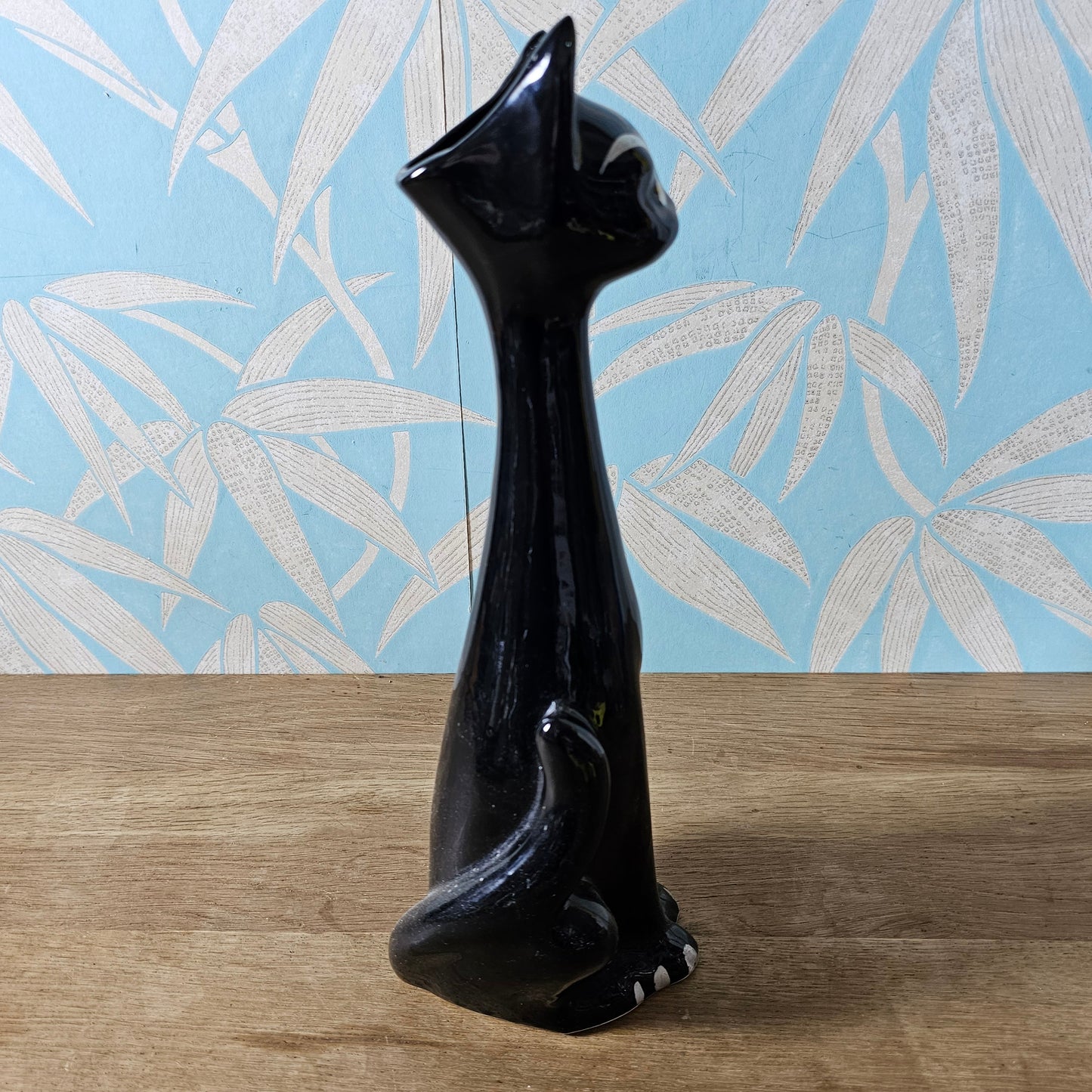 Mid-century black hand-painted ceramic long neck cat vase
