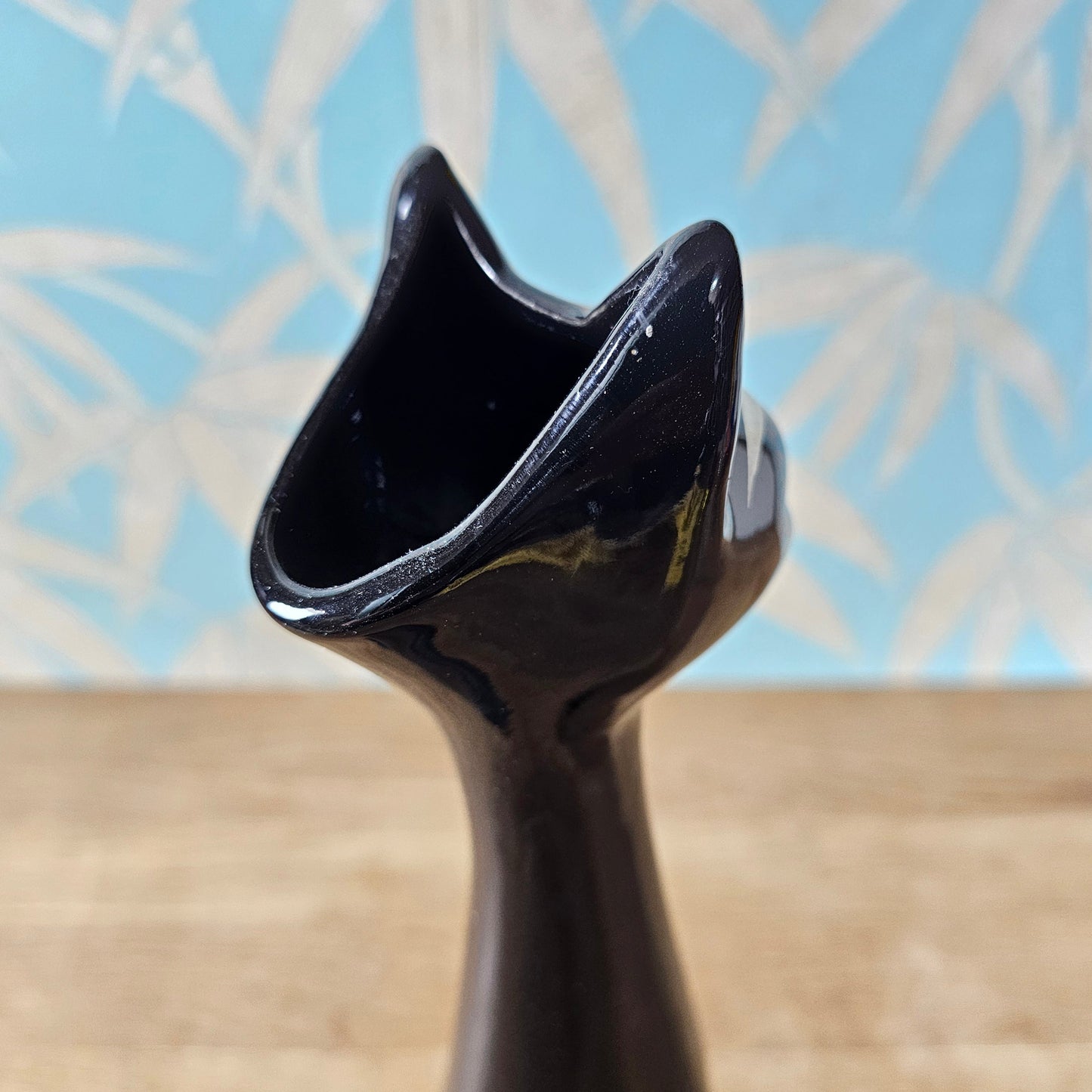 Mid-century black hand-painted ceramic long neck cat vase