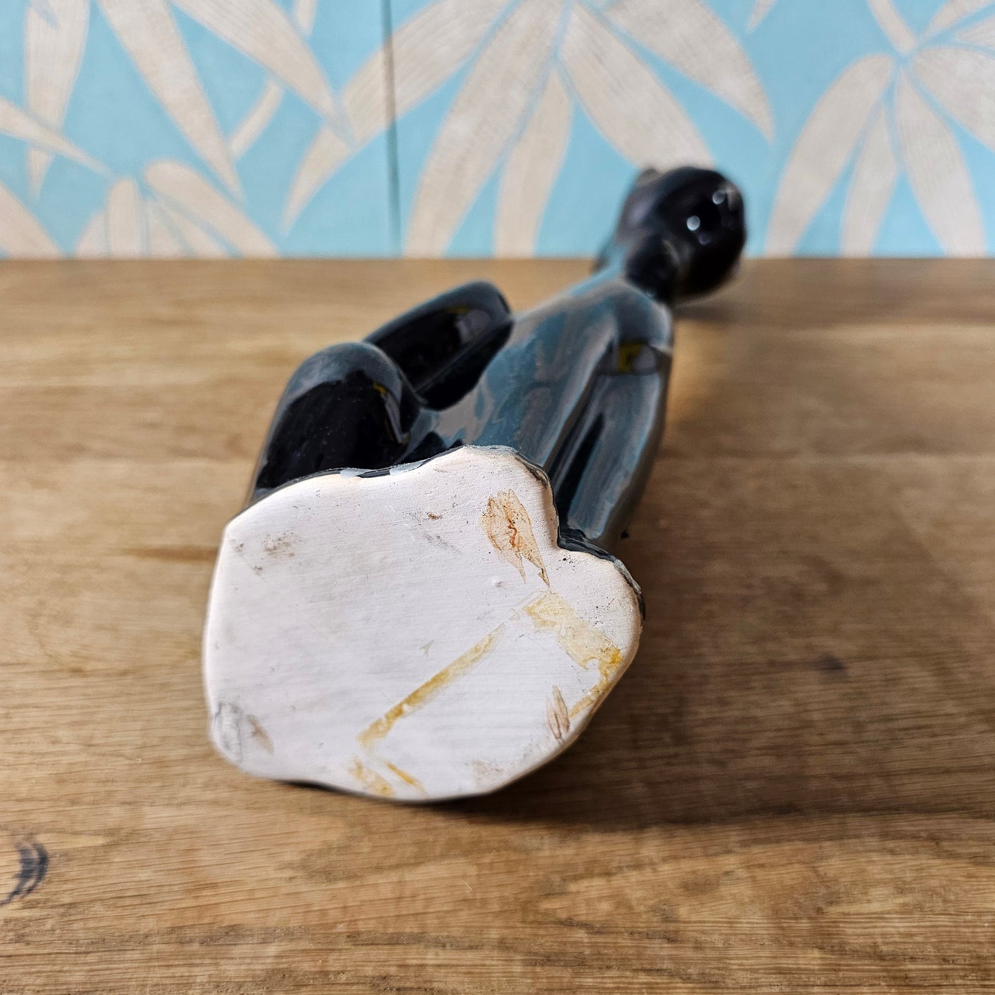 Mid-century black hand-painted ceramic long neck cat vase