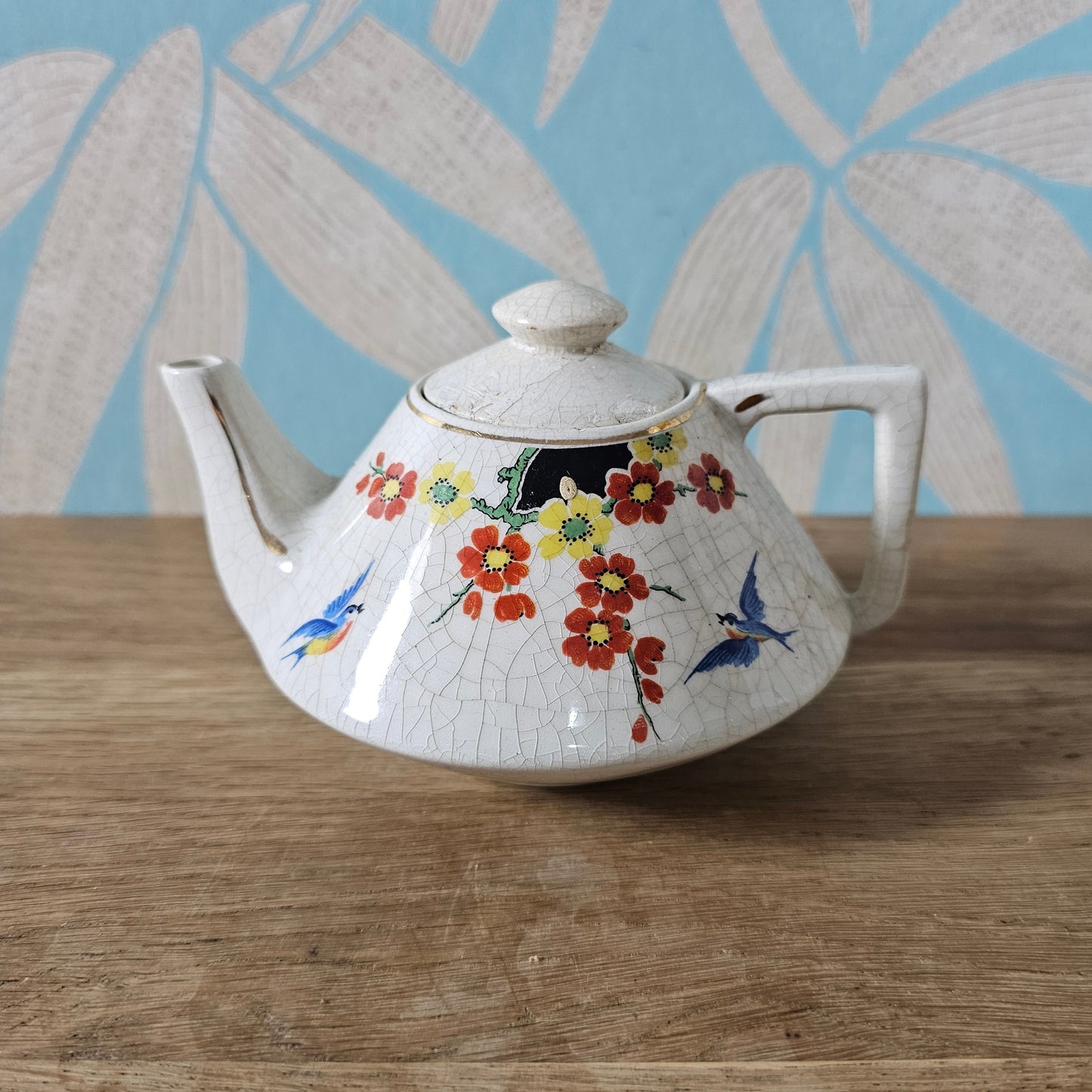 Vintage miniature English oriental-style floral & bird crackle glaze teapot