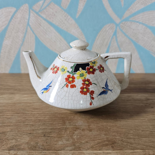 Vintage miniature English oriental-style floral & bird crackle glaze teapot
