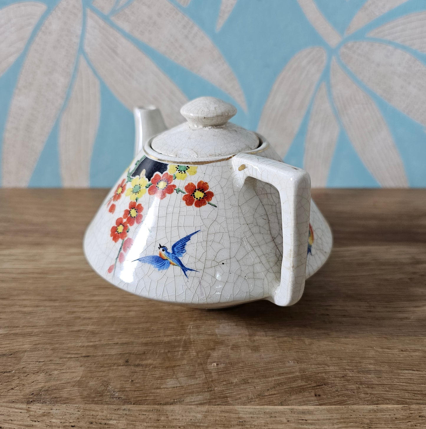 Vintage miniature English oriental-style floral & bird crackle glaze teapot