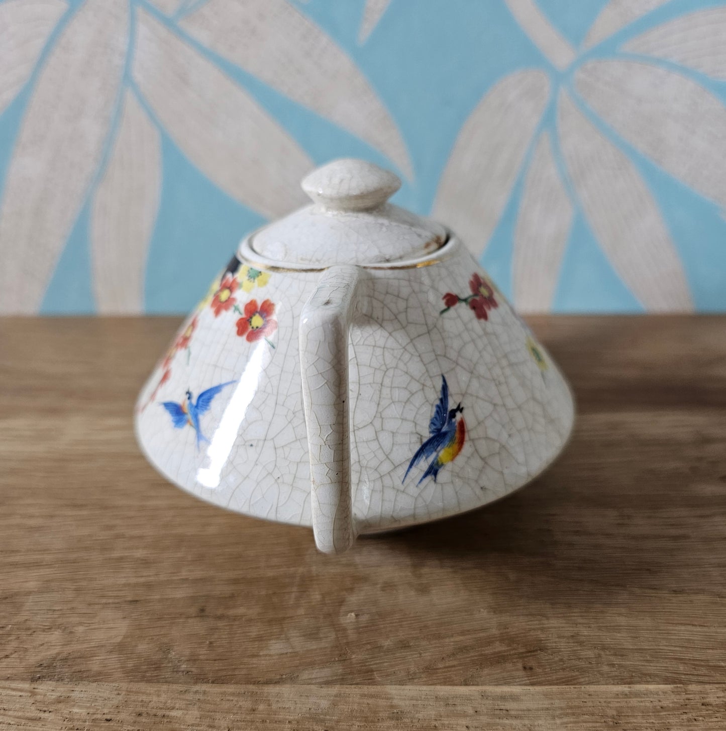 Vintage miniature English oriental-style floral & bird crackle glaze teapot