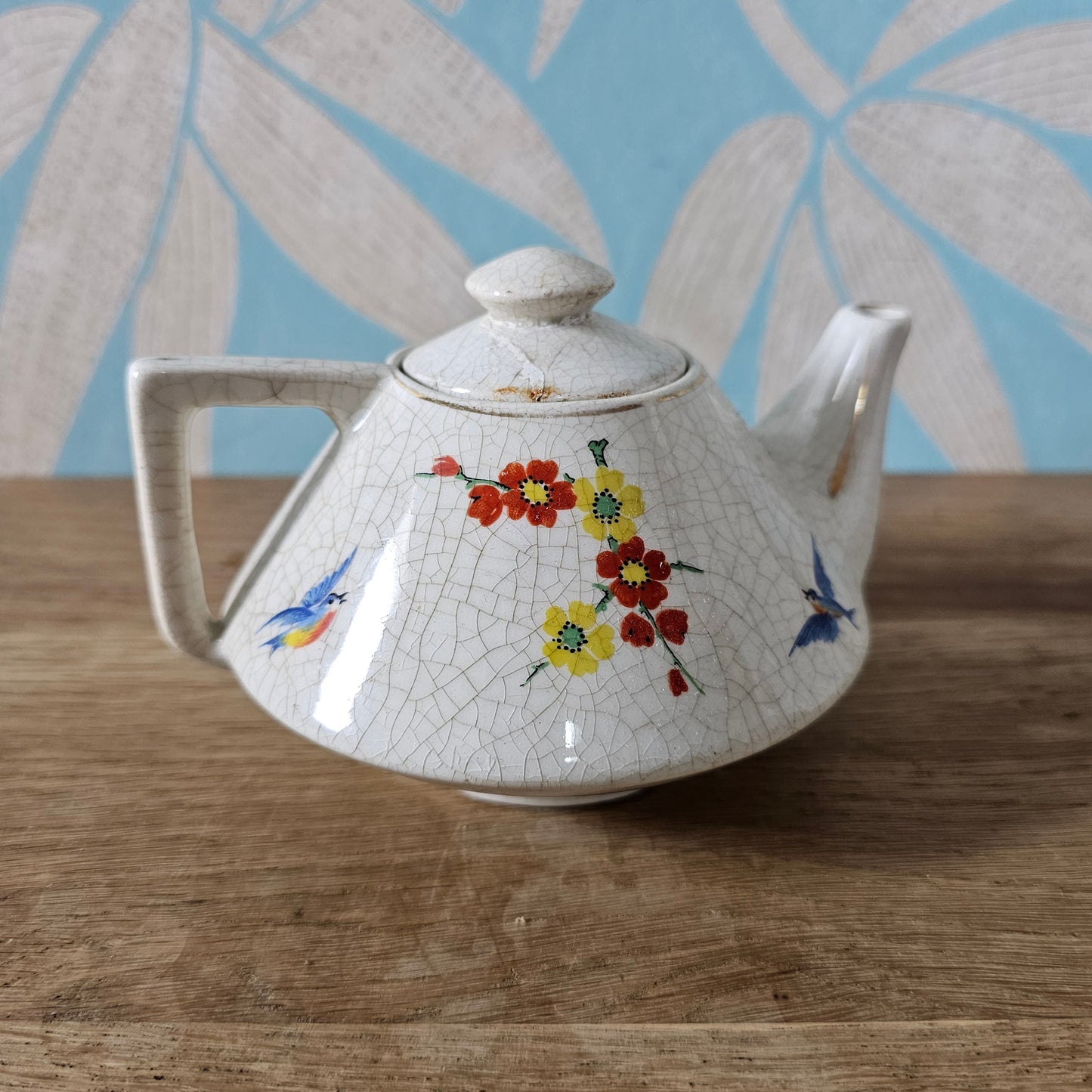 Vintage miniature English oriental-style floral & bird crackle glaze teapot