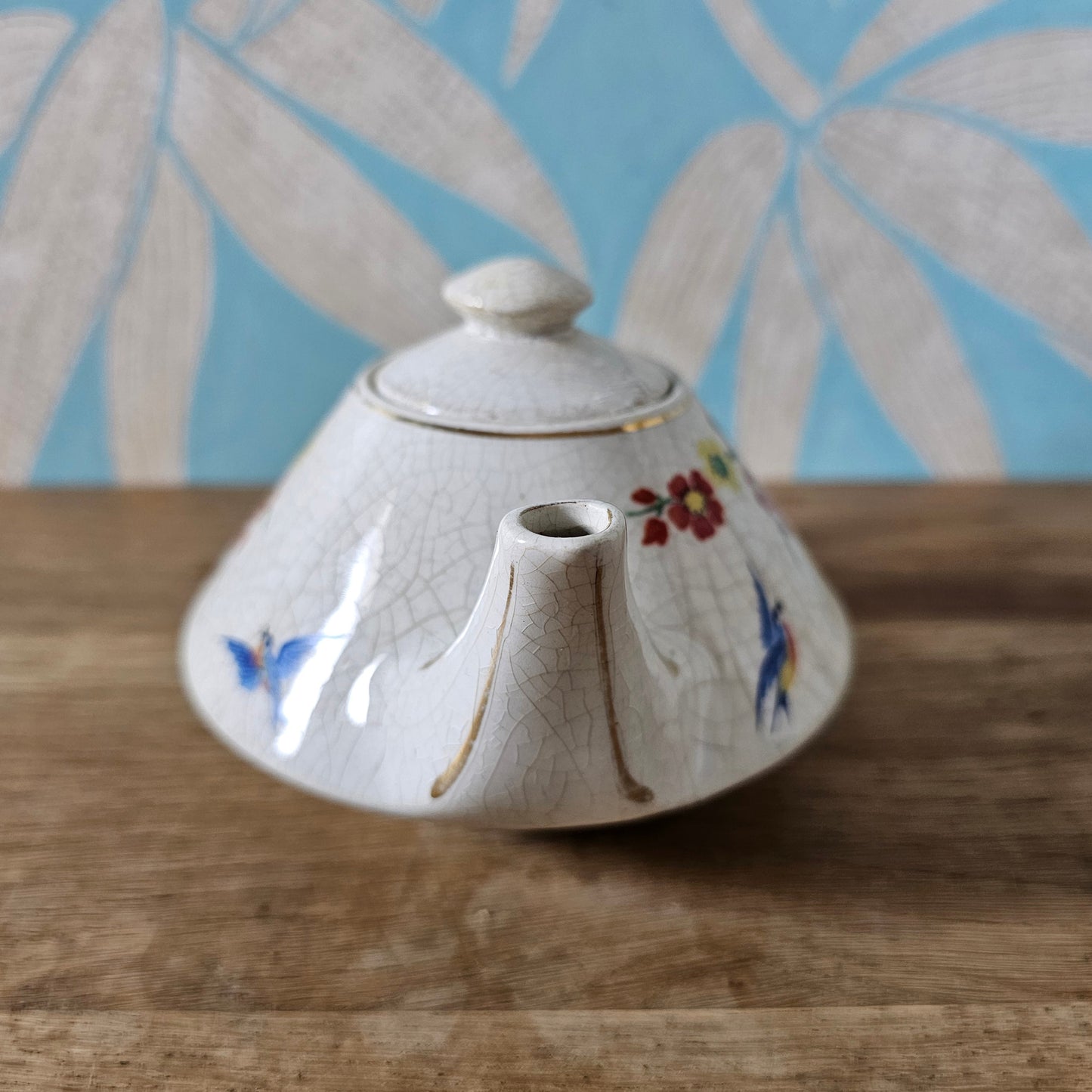 Vintage miniature English oriental-style floral & bird crackle glaze teapot