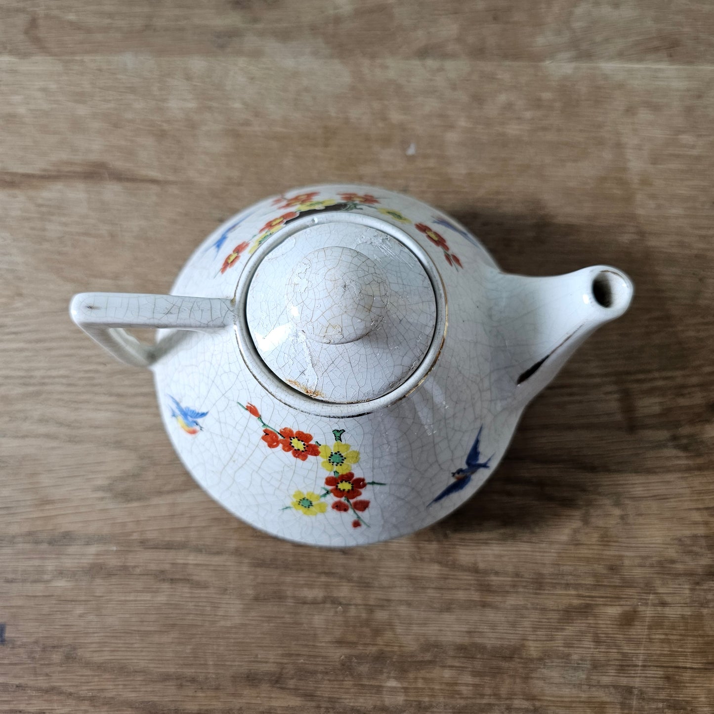 Vintage miniature English oriental-style floral & bird crackle glaze teapot