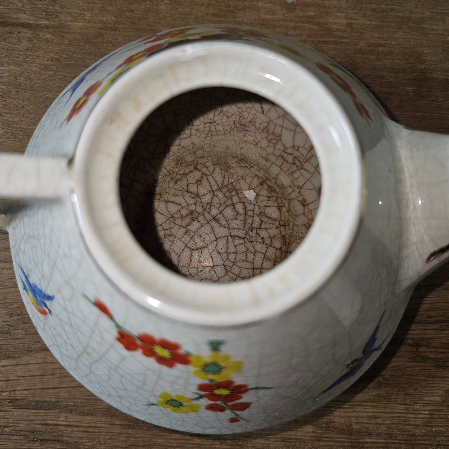 Vintage miniature English oriental-style floral & bird crackle glaze teapot