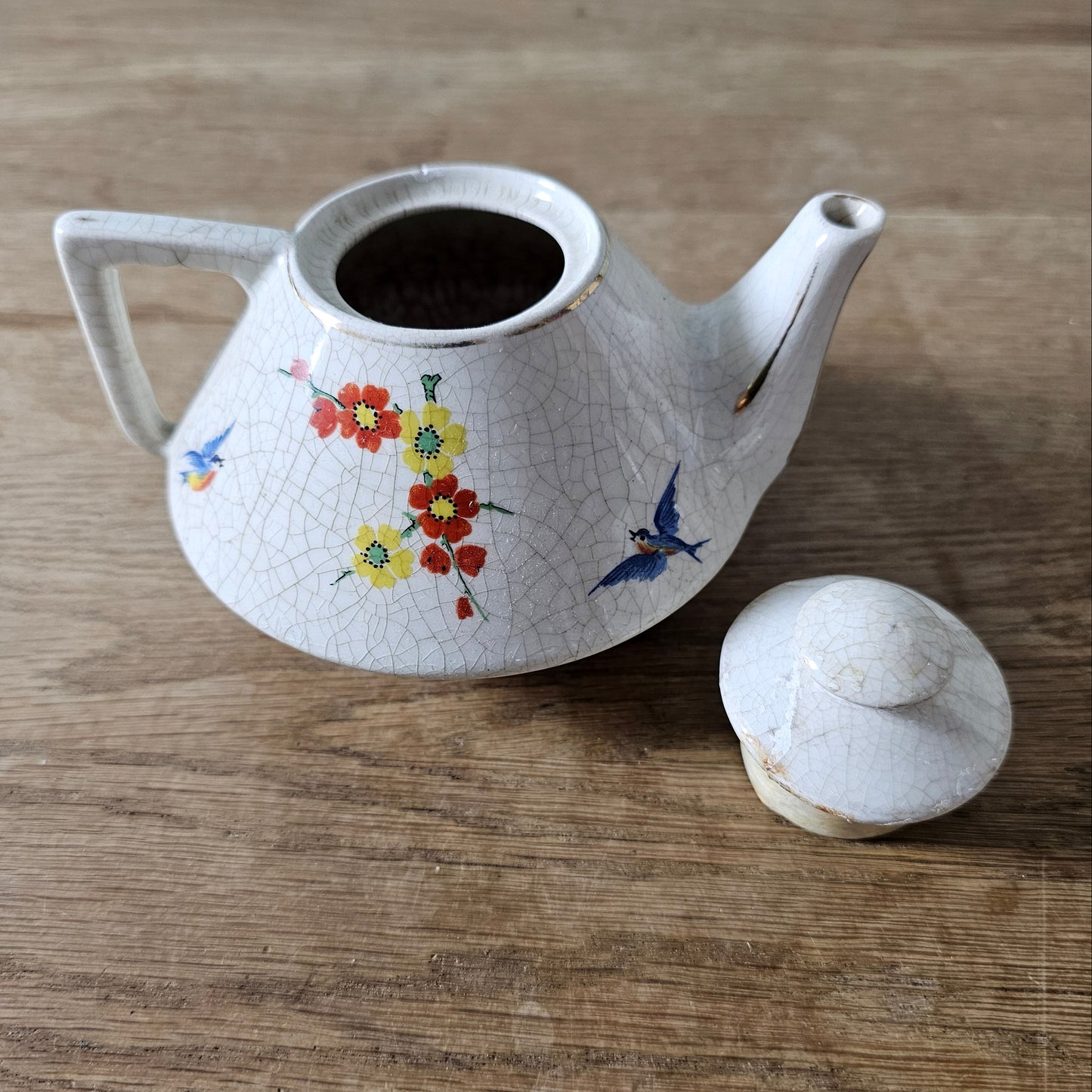 Vintage miniature English oriental-style floral & bird crackle glaze teapot