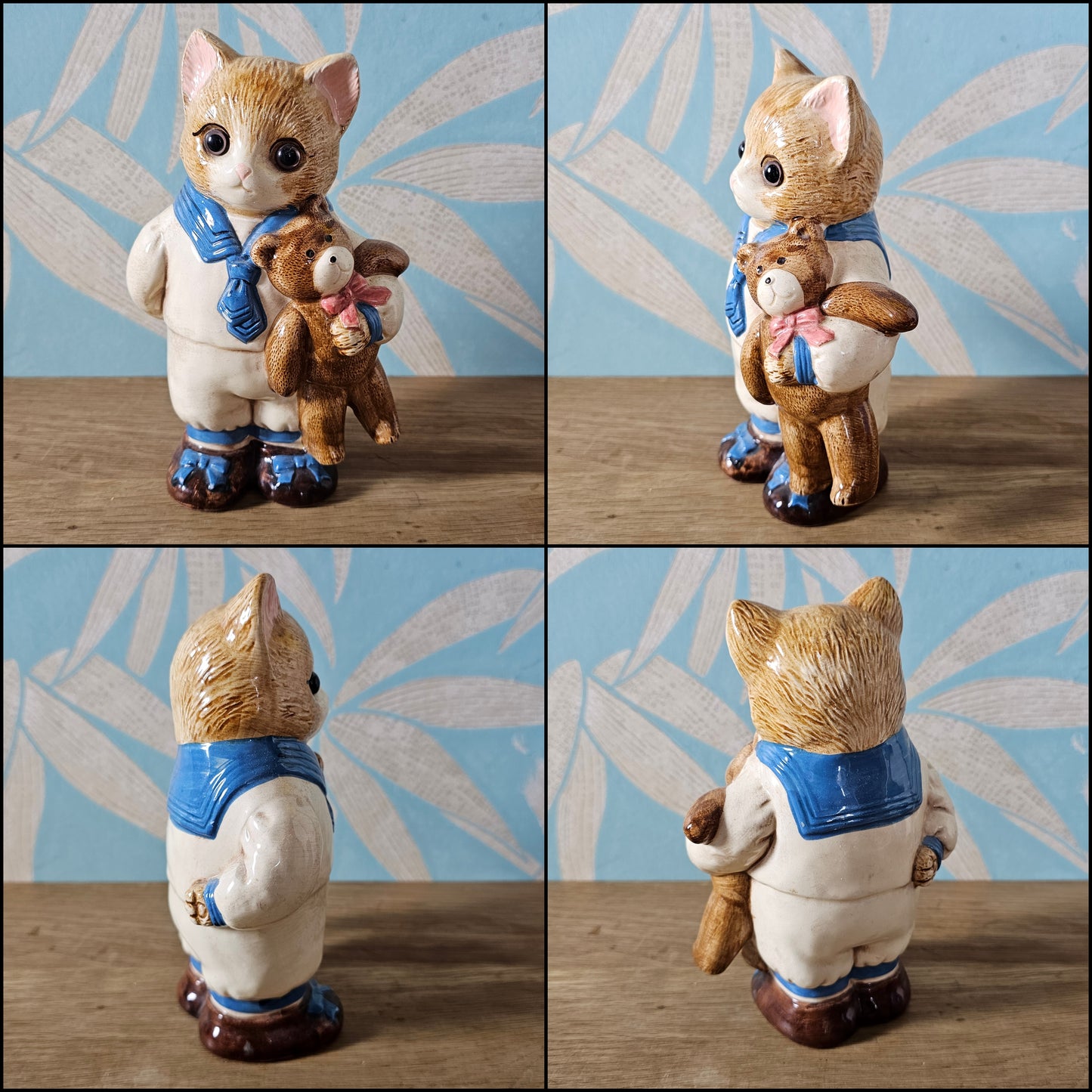 Pair of 1980s ceramic kitten figurines with plastic eyes