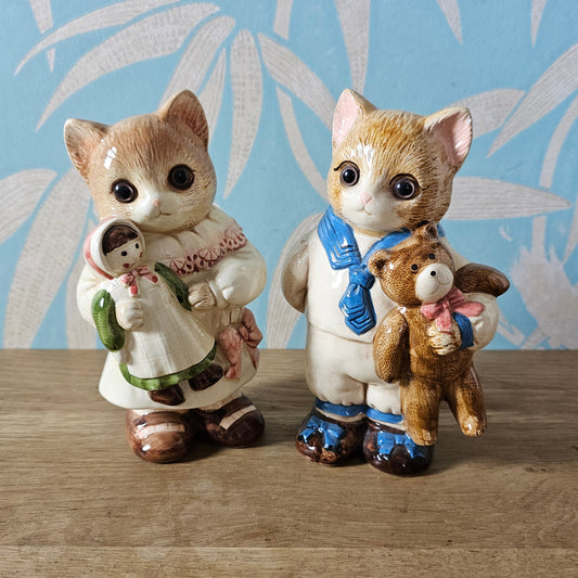 Pair of 1980s ceramic kitten figurines with plastic eyes