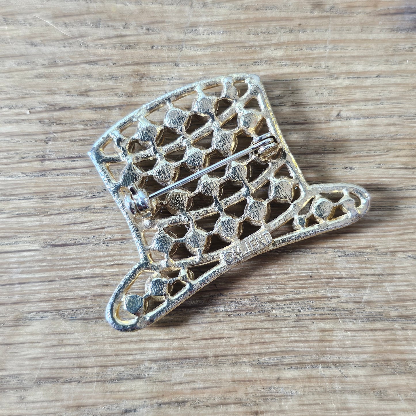 1980s M. Jent rhinestone top hat brooch