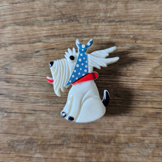 1930s/40s Ges. Gesch, Germany white plastic Scottie dog wearing headscarf brooch