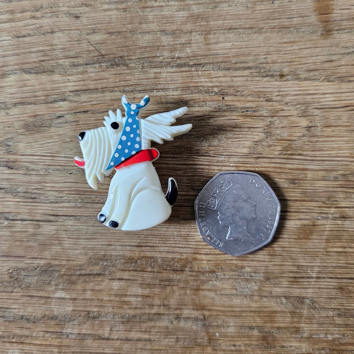 1930s/40s Ges. Gesch, Germany white plastic Scottie dog wearing headscarf brooch