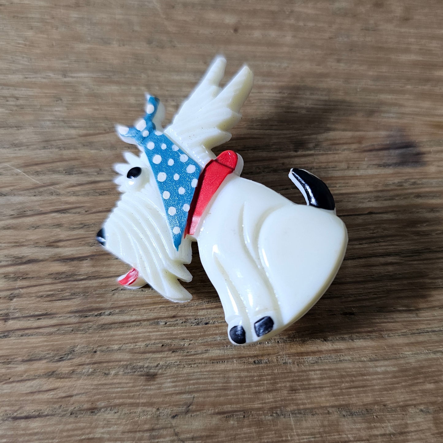1930s/40s Ges. Gesch, Germany white plastic Scottie dog wearing headscarf brooch