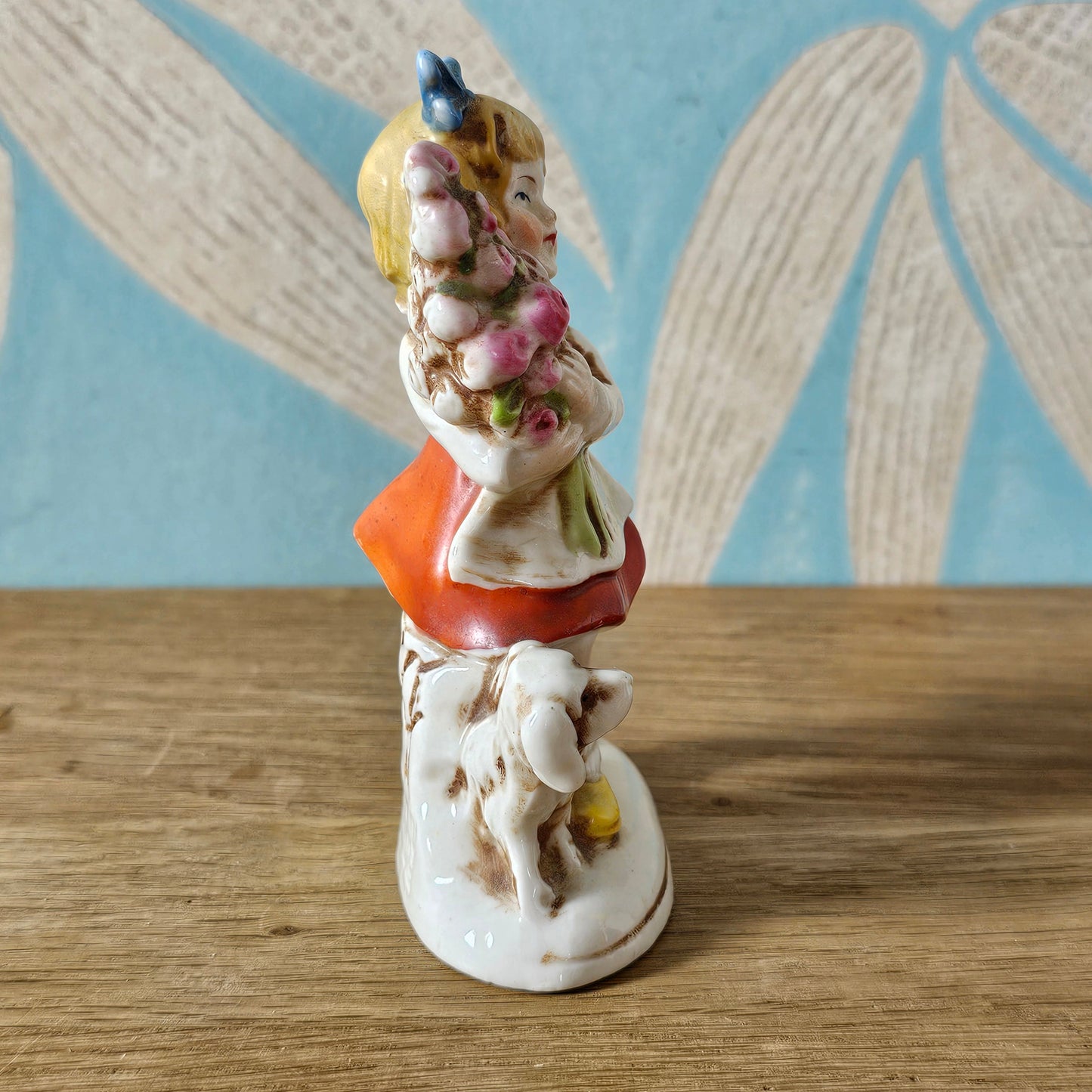 1950s German ceramic girl figurine with flowers and dog