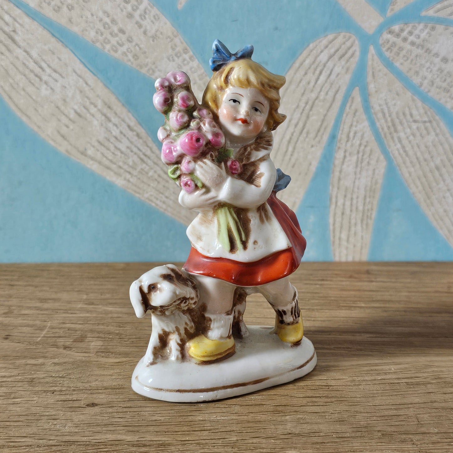 1950s German ceramic girl figurine with flowers and dog