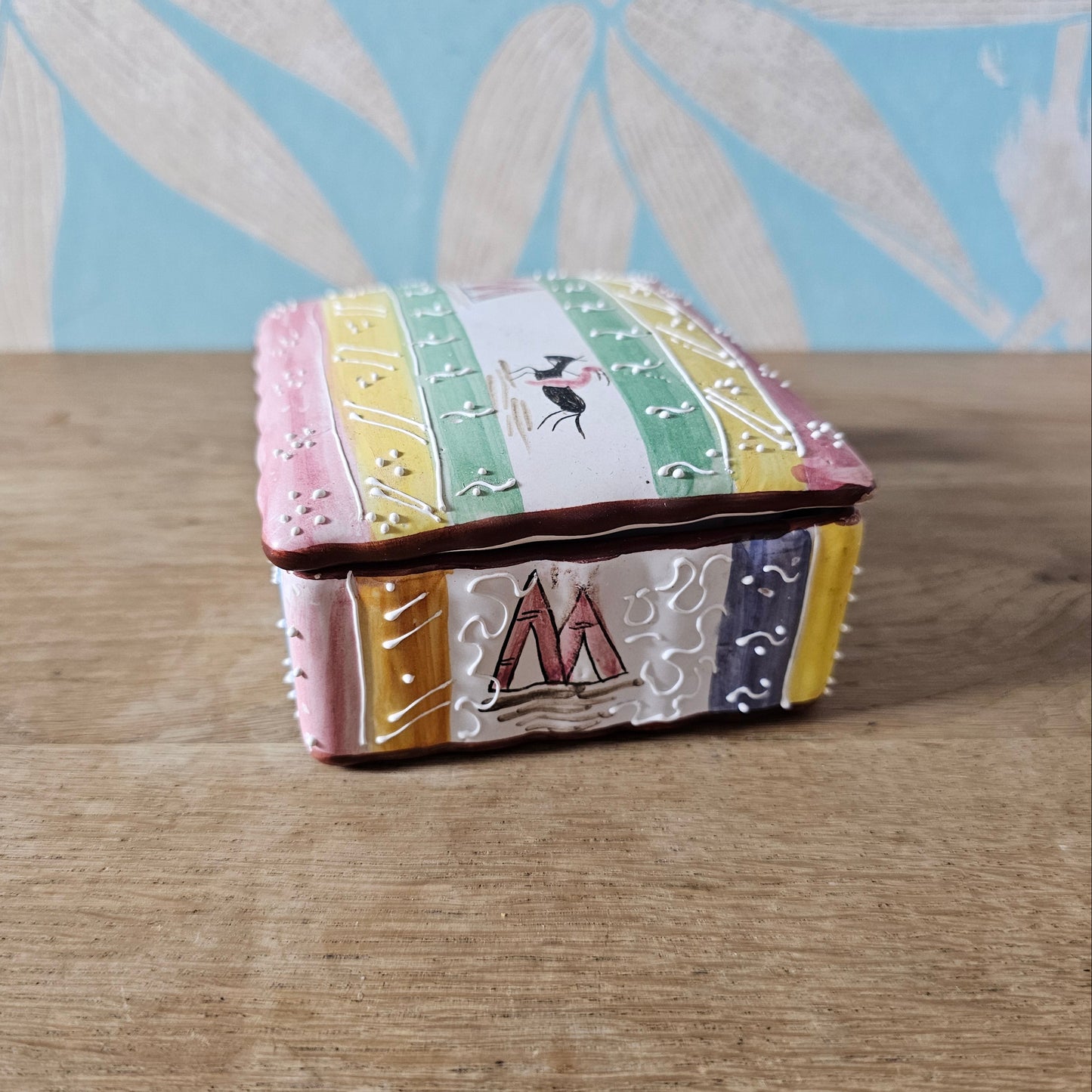 Vintage Italian hand-painted ceramic trinket box with Native American motif