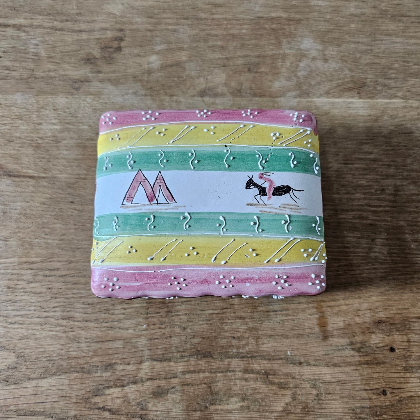 Vintage Italian hand-painted ceramic trinket box with Native American motif