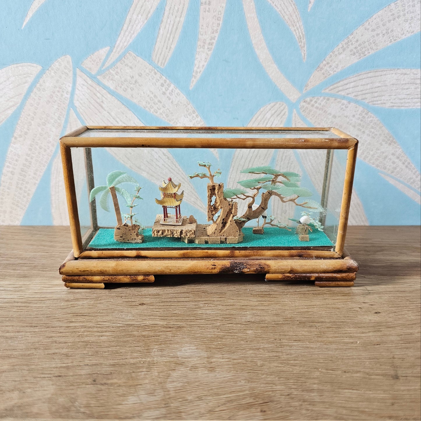 1970s Chinese miniature bamboo & cork landscape diorama in glass display case