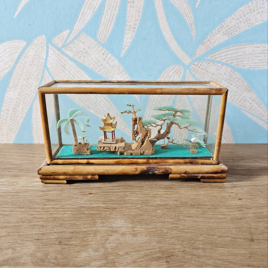 1970s Chinese miniature bamboo & cork landscape diorama in glass display case