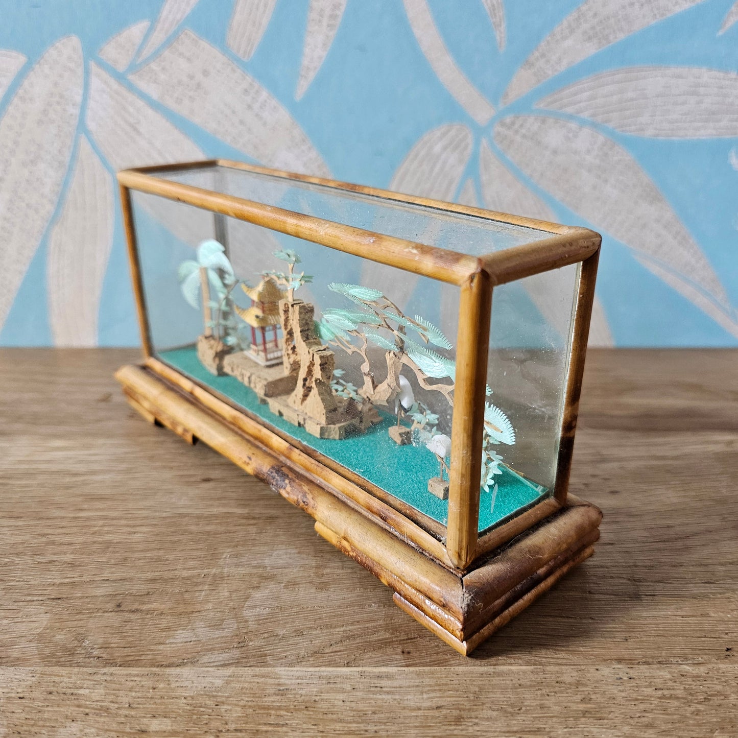 1970s Chinese miniature bamboo & cork landscape diorama in glass display case