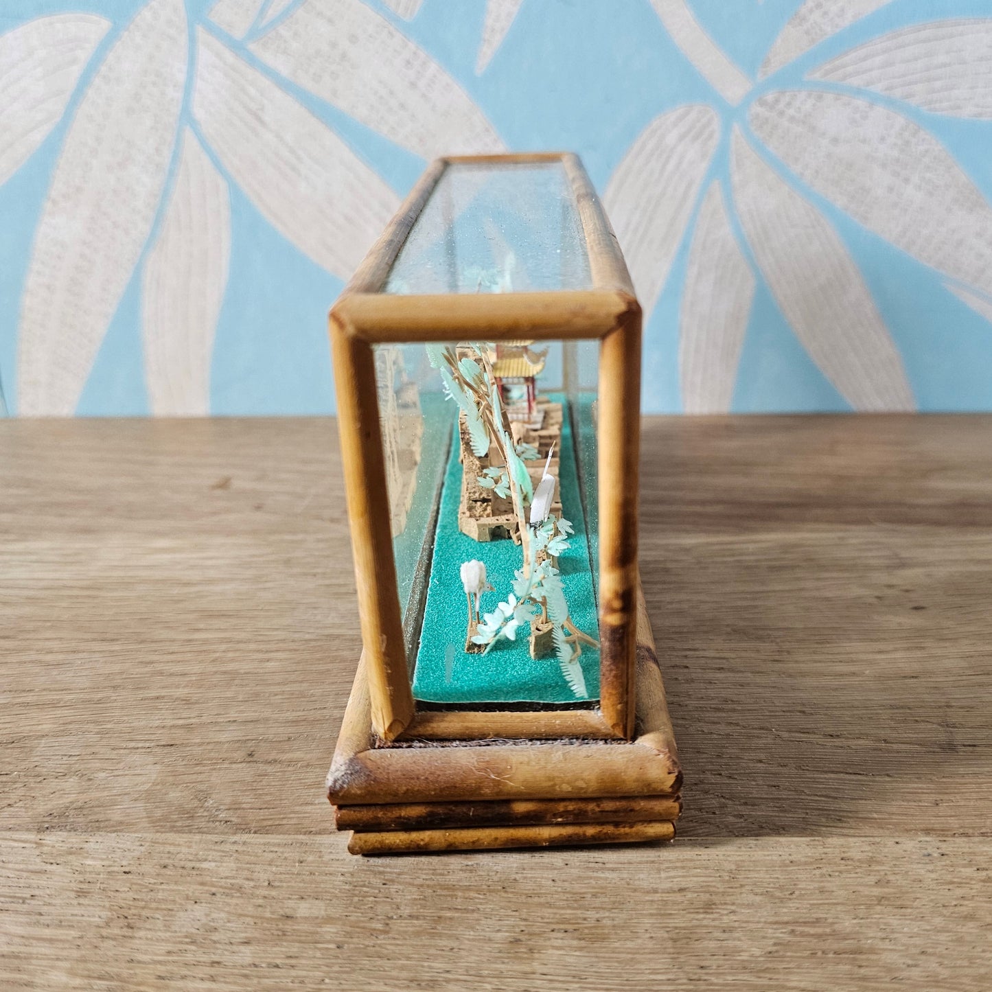 1970s Chinese miniature bamboo & cork landscape diorama in glass display case