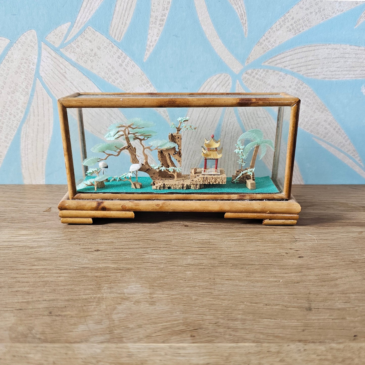 1970s Chinese miniature bamboo & cork landscape diorama in glass display case