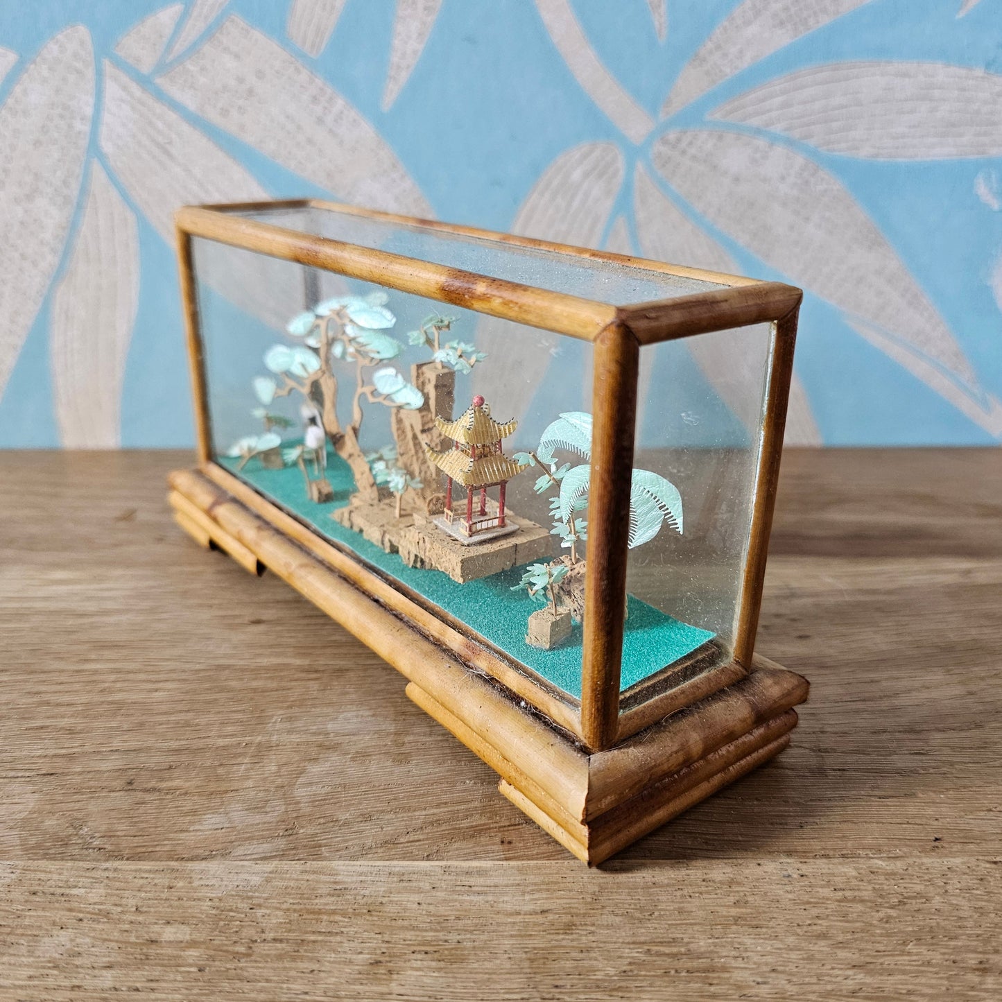 1970s Chinese miniature bamboo & cork landscape diorama in glass display case