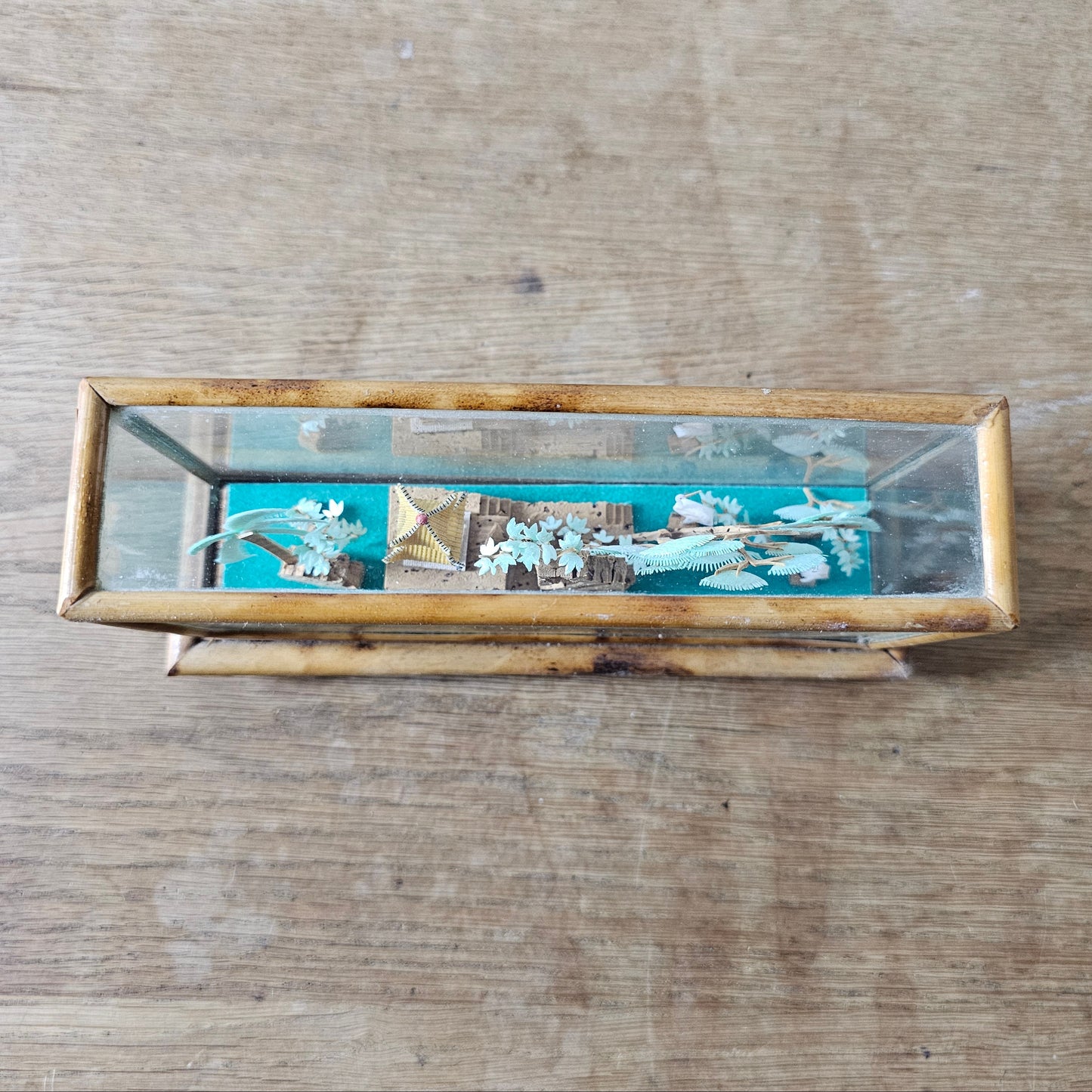 1970s Chinese miniature bamboo & cork landscape diorama in glass display case