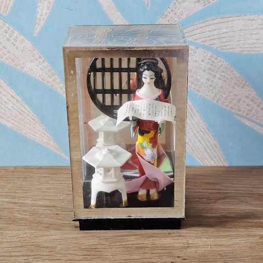 1960s Japanese Geisha doll diorama in frosted glass display case