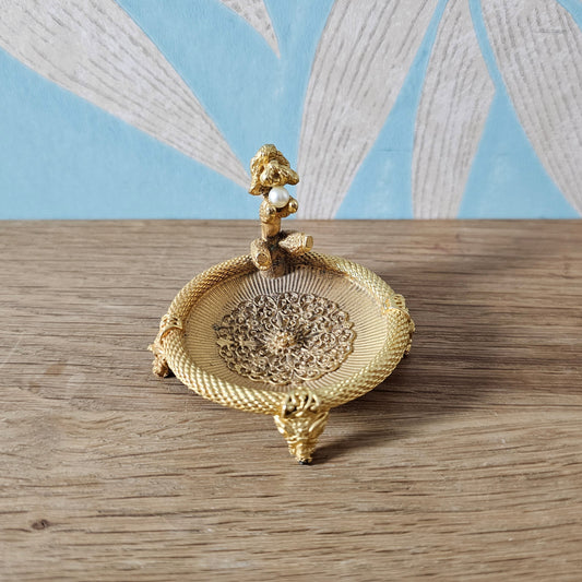 1950s Mirabella gold-tone poodle ring dish with faux pearl detail