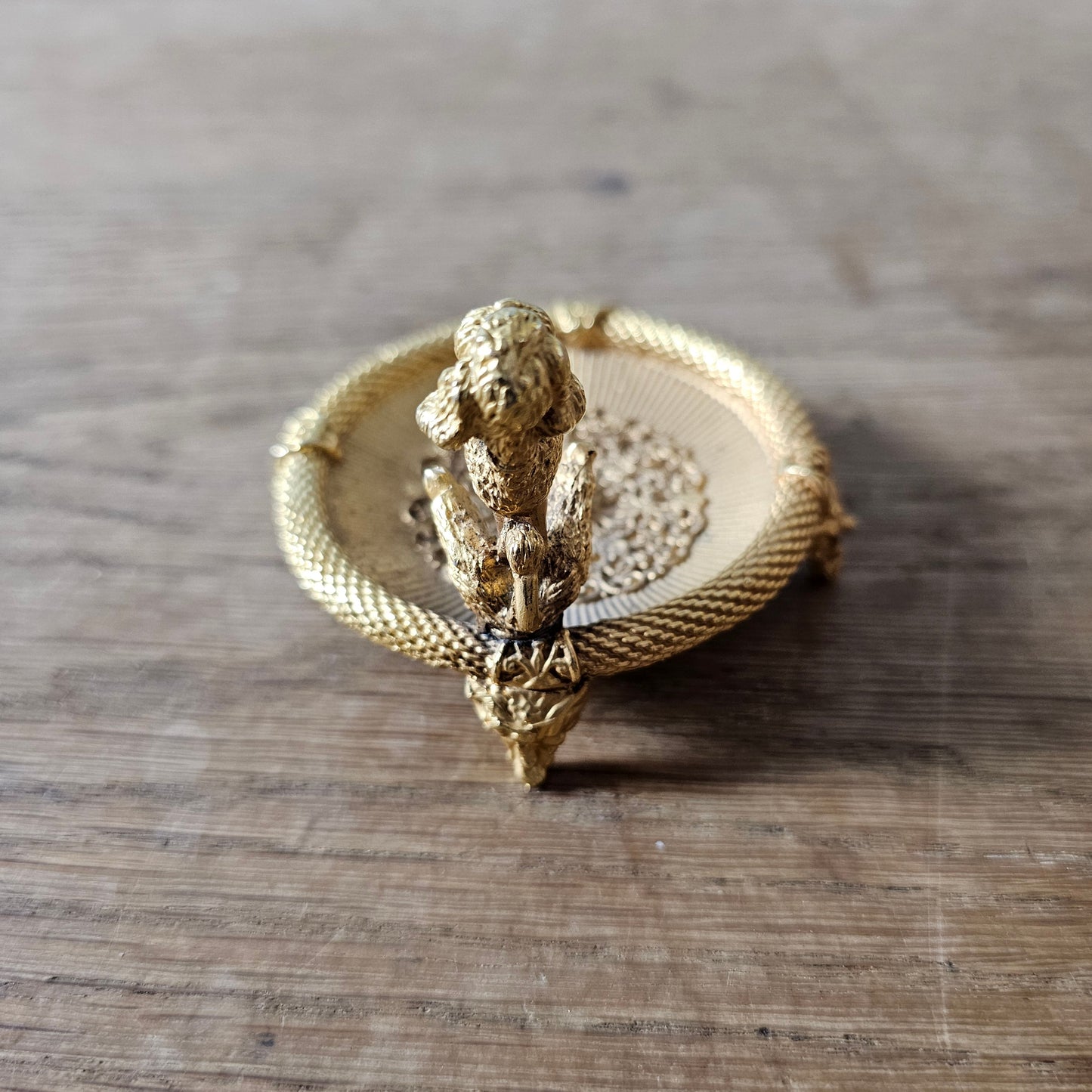 1950s Mirabella gold-tone poodle ring dish with faux pearl detail