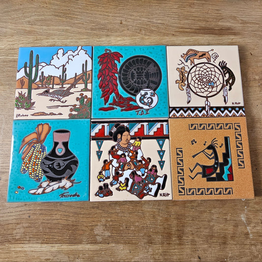 Set of six vintage Southwestern artist tile trivets by Cleo Teissedre, K. Rit & Leone Kuhne
