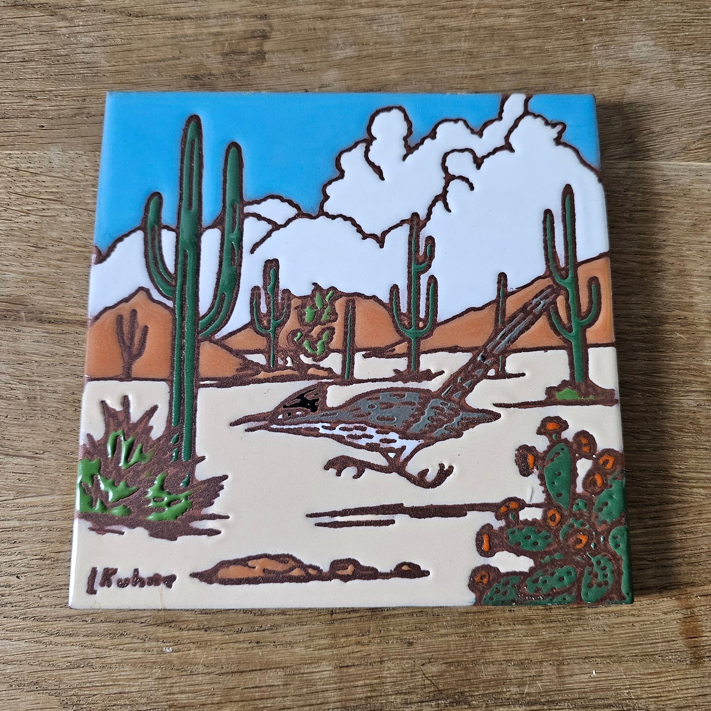 Set of six vintage Southwestern artist tile trivets by Cleo Teissedre, K. Rit & Leone Kuhne