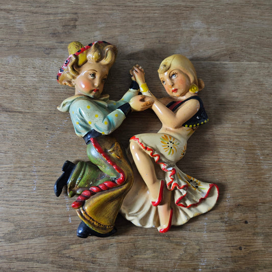 1950s Italian hand-painted chalkware Spanish dancing couple wall appliqué