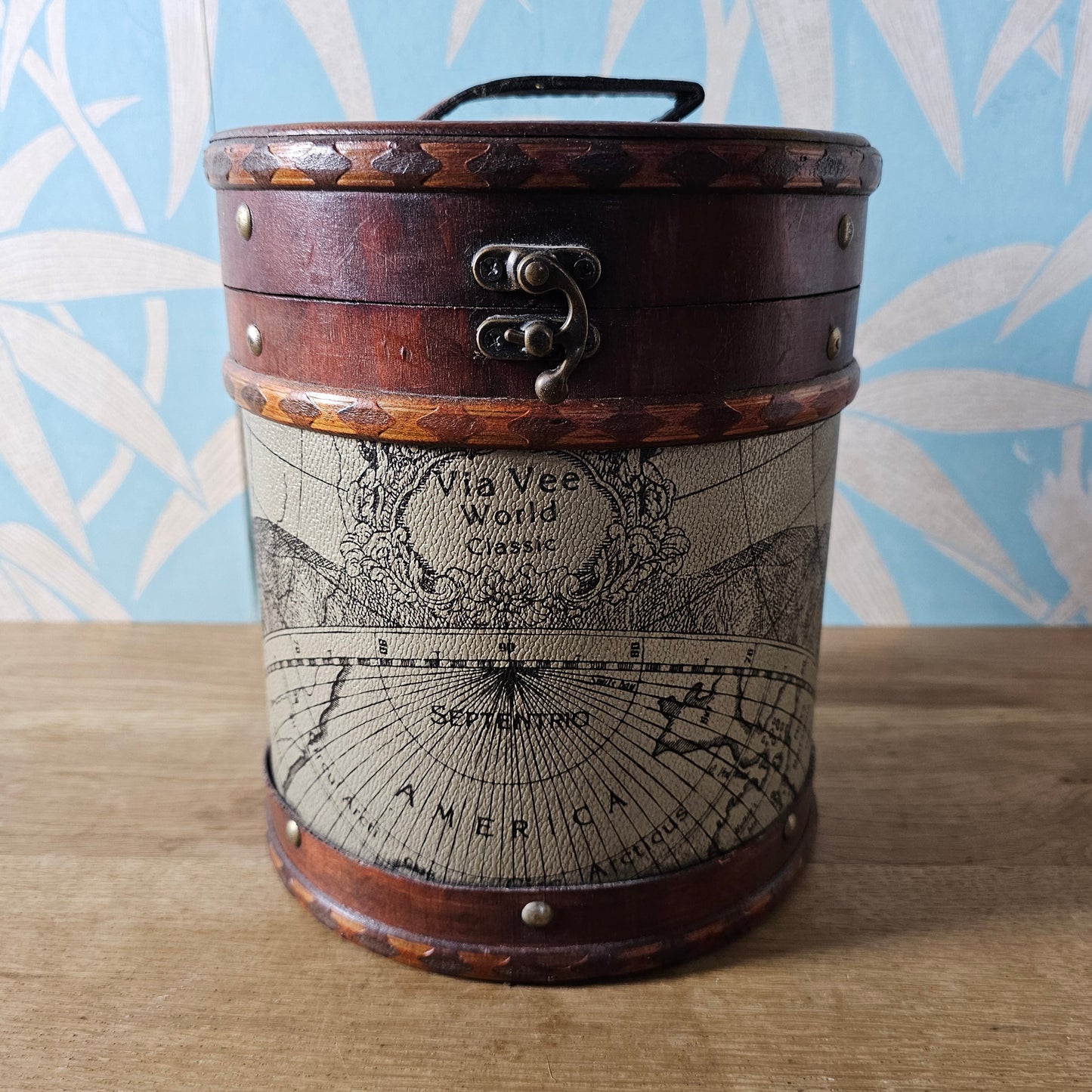 Via Vee World vintage-style round storage barrel with antique map print