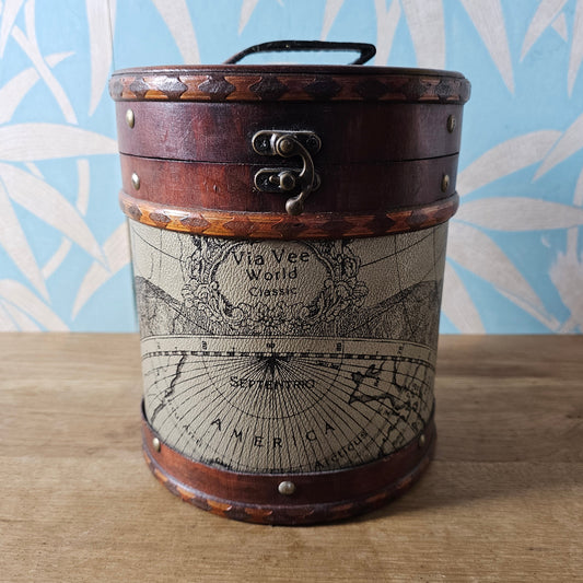 Via Vee World vintage-style round storage barrel with antique map print